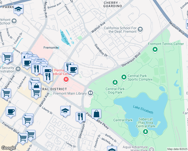 map of restaurants, bars, coffee shops, grocery stores, and more near 1995 Barrymore Common in Fremont