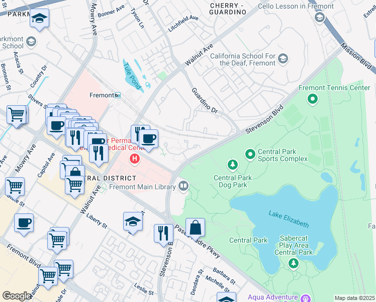 map of restaurants, bars, coffee shops, grocery stores, and more near 1995 Barrymore Common in Fremont