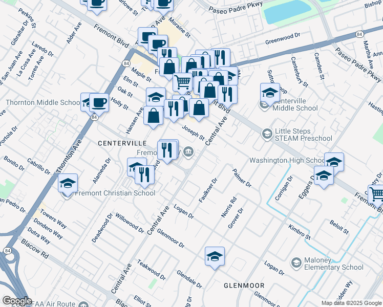 map of restaurants, bars, coffee shops, grocery stores, and more near 37433 Gillett Road in Fremont