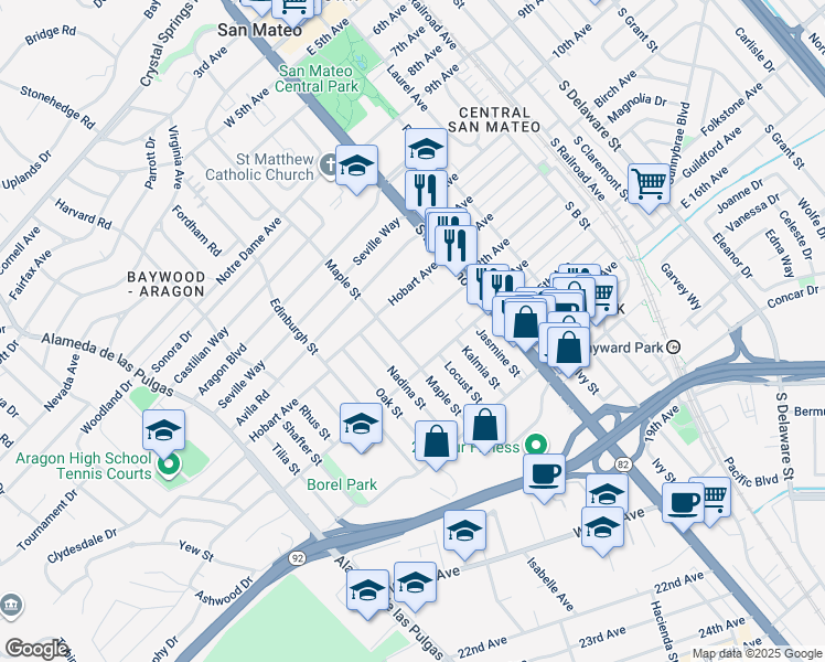 map of restaurants, bars, coffee shops, grocery stores, and more near 111 Madison Avenue in San Mateo