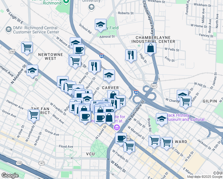 map of restaurants, bars, coffee shops, grocery stores, and more near in Richmond