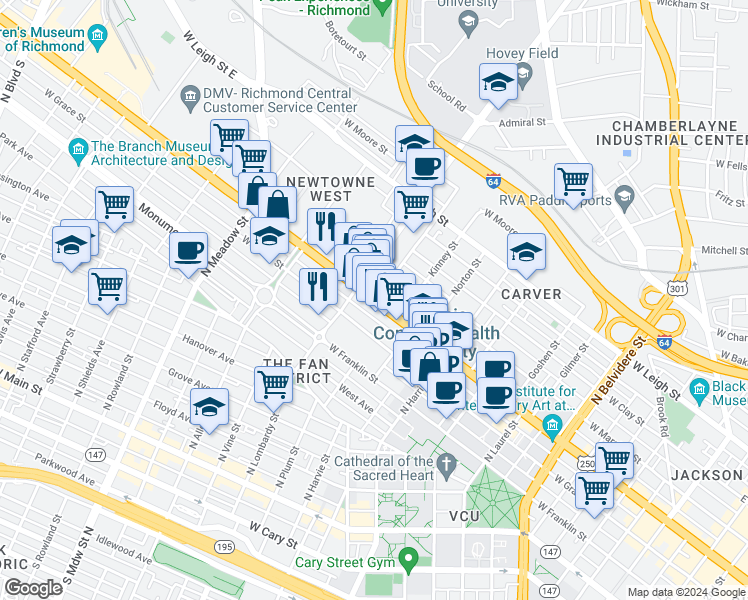 map of restaurants, bars, coffee shops, grocery stores, and more near 1343 West Broad Street in Richmond
