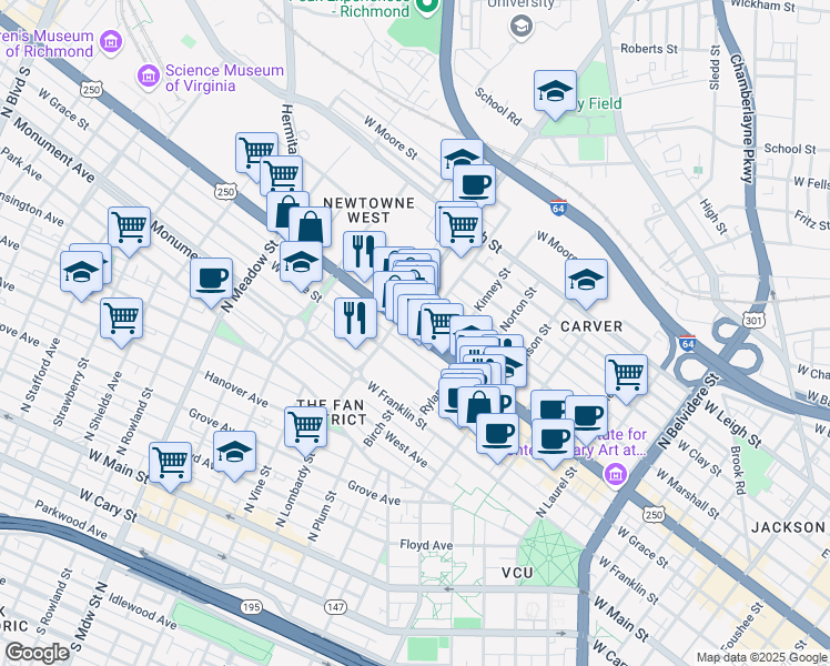map of restaurants, bars, coffee shops, grocery stores, and more near in Richmond