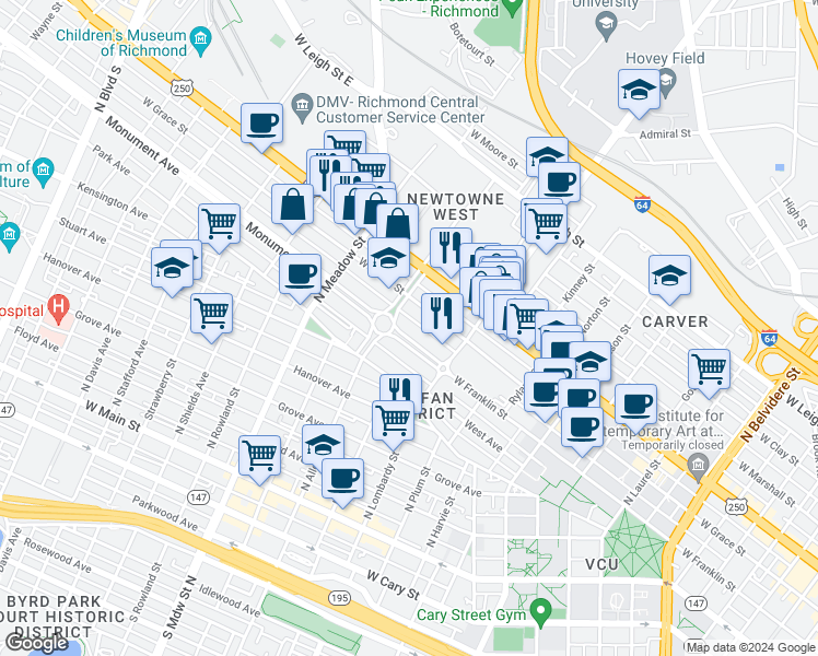 map of restaurants, bars, coffee shops, grocery stores, and more near 1641 West Grace Street in Richmond