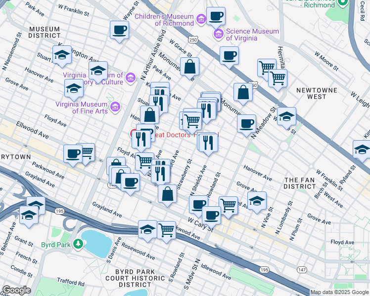 map of restaurants, bars, coffee shops, grocery stores, and more near 2329 Hanover Avenue in Richmond