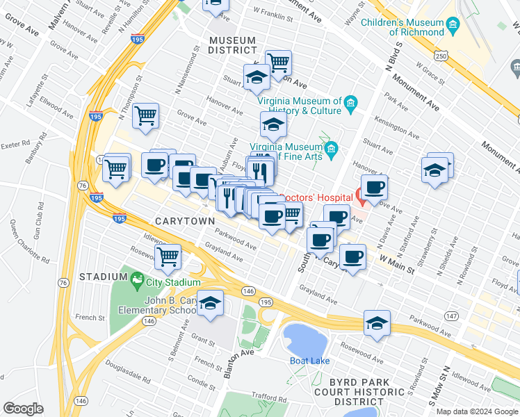 map of restaurants, bars, coffee shops, grocery stores, and more near 3035 Ellwood Avenue in Richmond