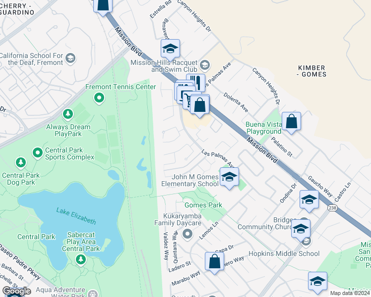 map of restaurants, bars, coffee shops, grocery stores, and more near 40171 San Carlos Place in Fremont