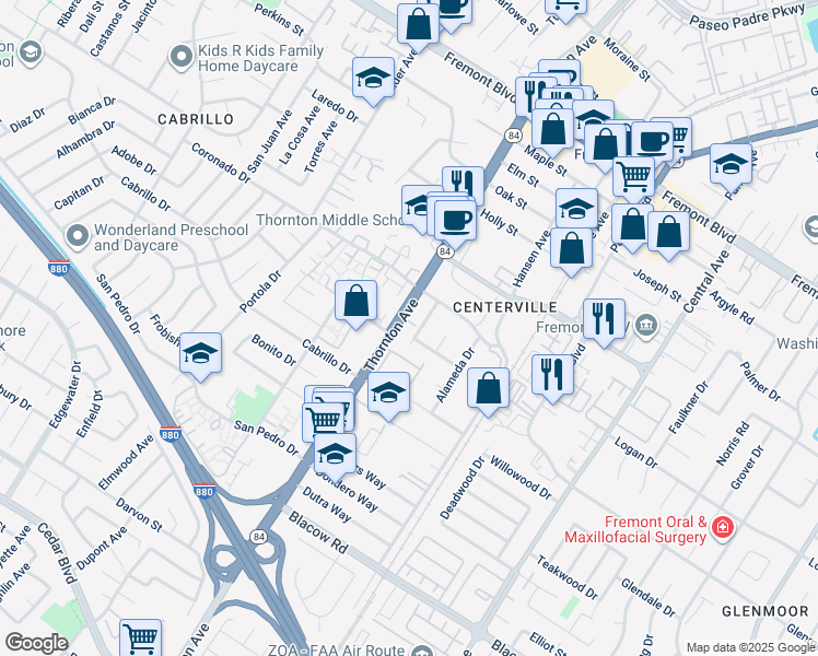 map of restaurants, bars, coffee shops, grocery stores, and more near 4544 Thornton Avenue in Fremont