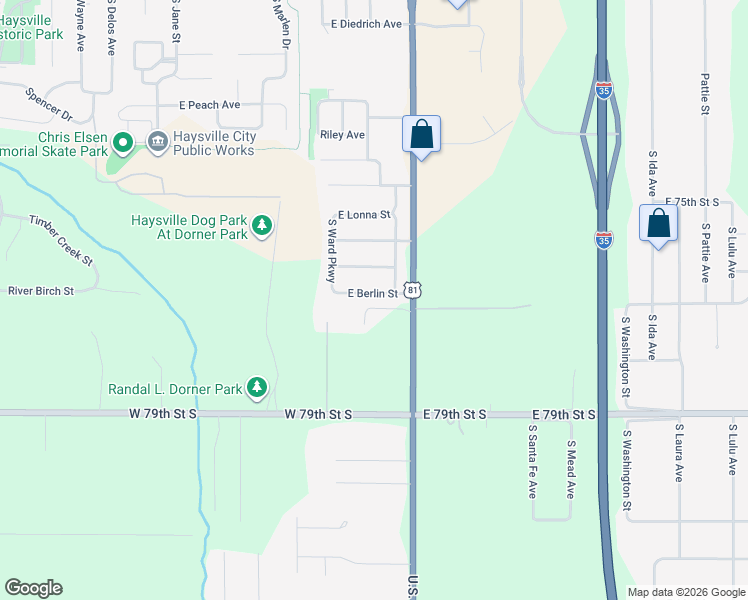 map of restaurants, bars, coffee shops, grocery stores, and more near 1405 East Berlin Street in Haysville