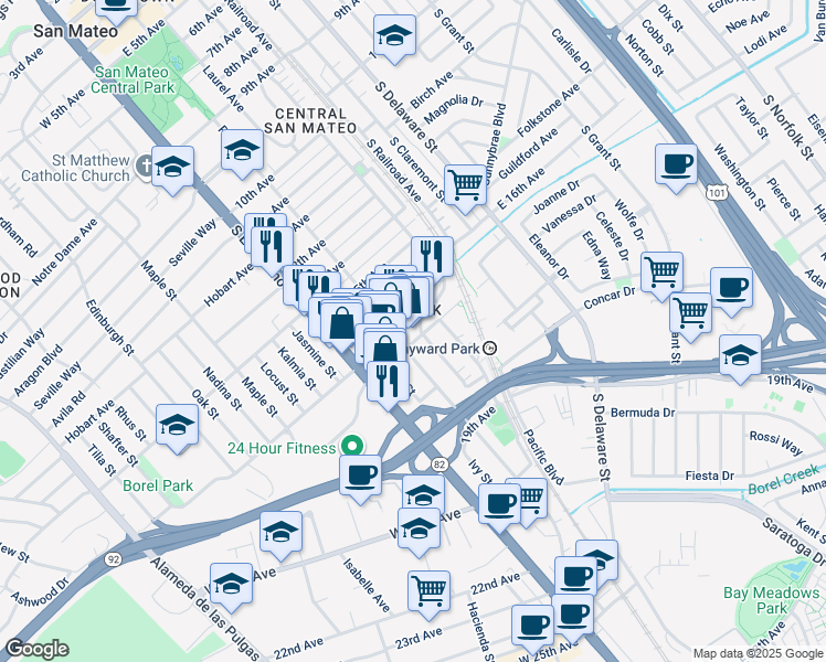 map of restaurants, bars, coffee shops, grocery stores, and more near 101 South Boulevard in San Mateo
