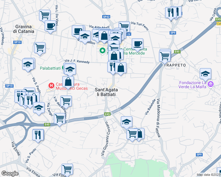 map of restaurants, bars, coffee shops, grocery stores, and more near 79 Via Umberto in Sant'agata Li Battiati