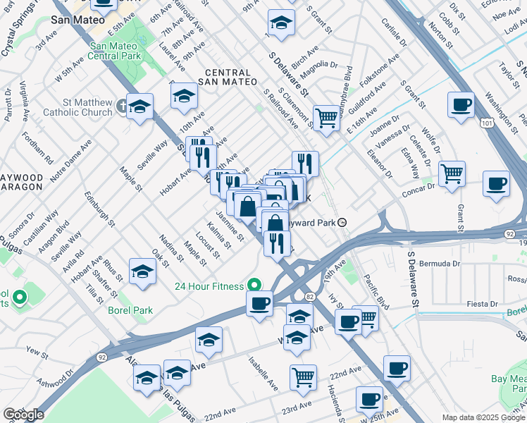 map of restaurants, bars, coffee shops, grocery stores, and more near 30 16th Avenue in San Mateo