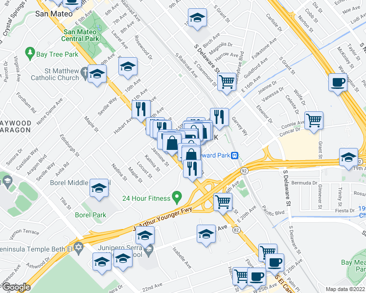 map of restaurants, bars, coffee shops, grocery stores, and more near 30 16th Avenue in San Mateo