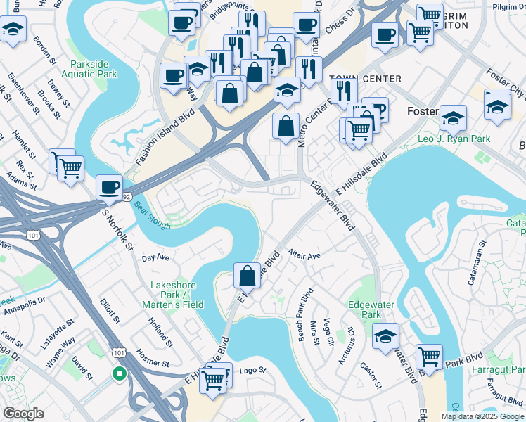 map of restaurants, bars, coffee shops, grocery stores, and more near 815 Sea Spray Lane in Foster City