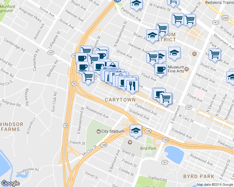 map of restaurants, bars, coffee shops, grocery stores, and more near 3322 Parkwood Avenue in Richmond