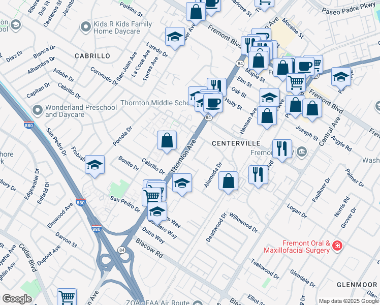 map of restaurants, bars, coffee shops, grocery stores, and more near 4544 Thornton Avenue in Fremont