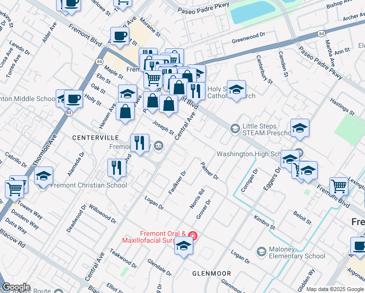 map of restaurants, bars, coffee shops, grocery stores, and more near 4222 Central Avenue in Fremont