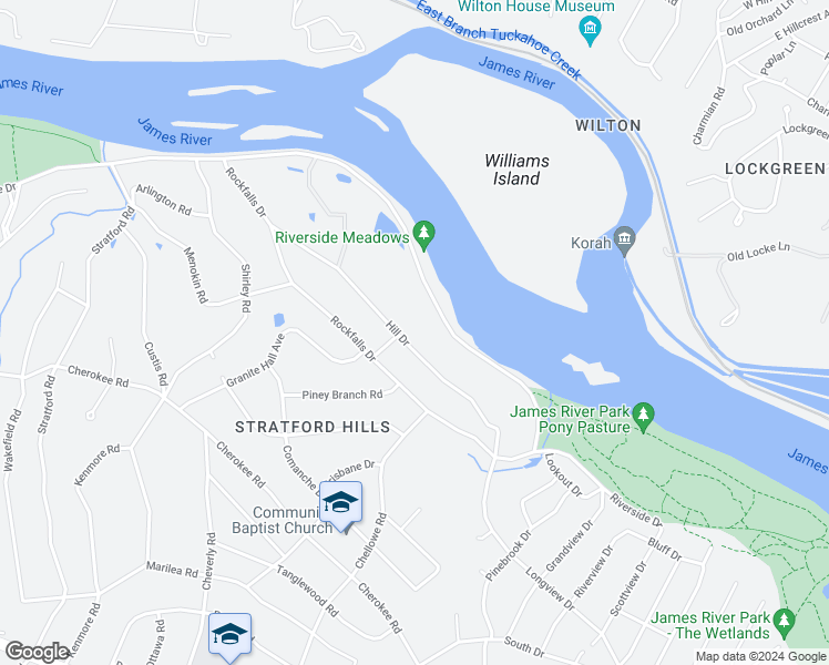 map of restaurants, bars, coffee shops, grocery stores, and more near 7539 Riverside Drive in Richmond