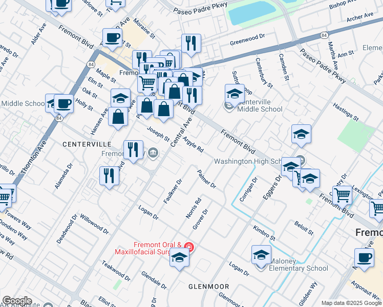 map of restaurants, bars, coffee shops, grocery stores, and more near 4134 Argyle Court in Fremont