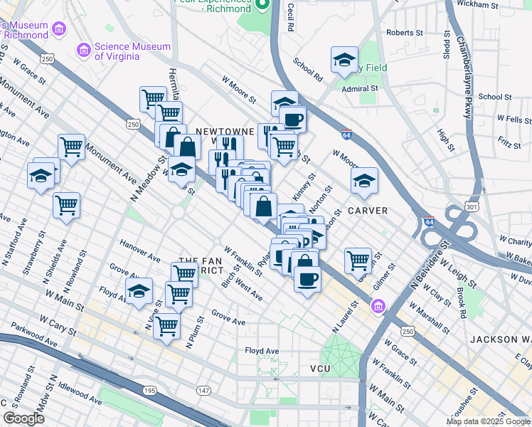 map of restaurants, bars, coffee shops, grocery stores, and more near 1320 West Broad Street in Richmond