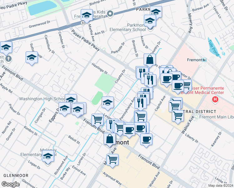 map of restaurants, bars, coffee shops, grocery stores, and more near 38622 Country Common in Fremont
