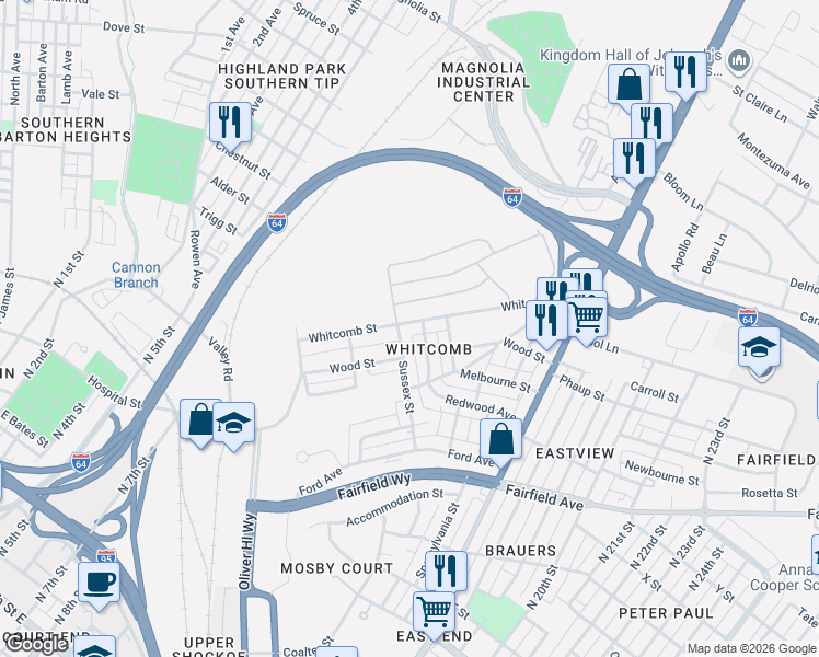 map of restaurants, bars, coffee shops, grocery stores, and more near 2303 Whitcomb Street in Richmond