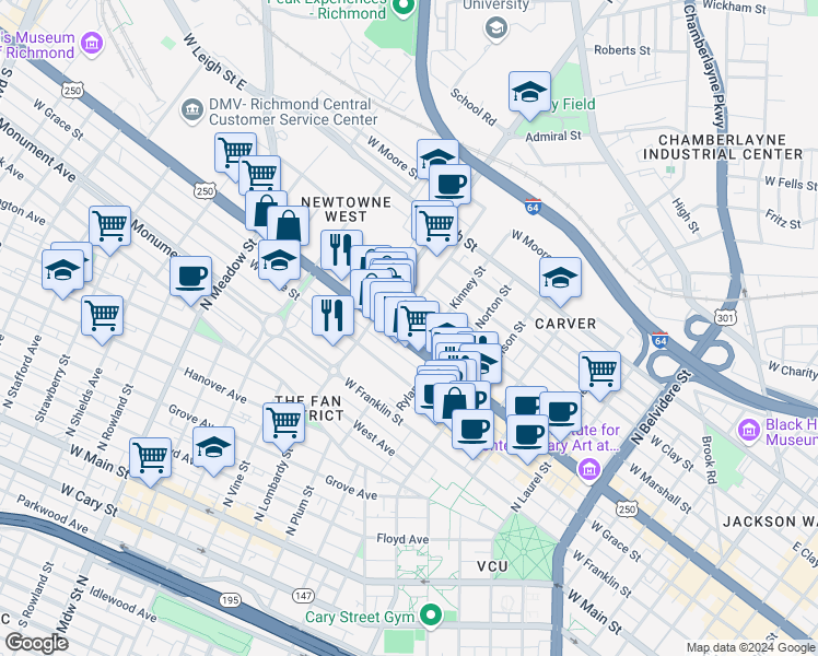 map of restaurants, bars, coffee shops, grocery stores, and more near 1318 West Broad Street in Richmond