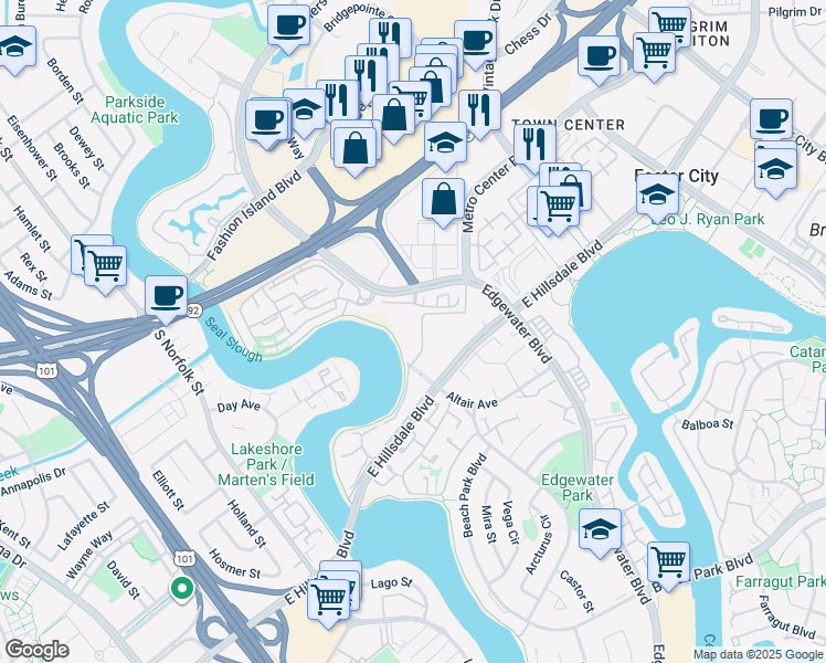 map of restaurants, bars, coffee shops, grocery stores, and more near 815 Sea Spray Lane in Foster City