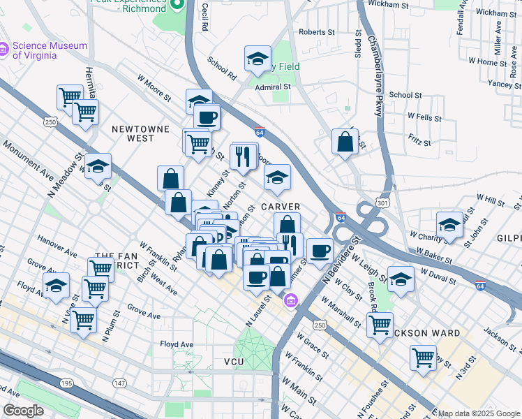 map of restaurants, bars, coffee shops, grocery stores, and more near 1110 Catherine Street in Richmond