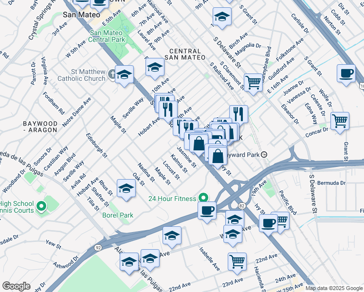 map of restaurants, bars, coffee shops, grocery stores, and more near 1415 Jasmine Street in San Mateo