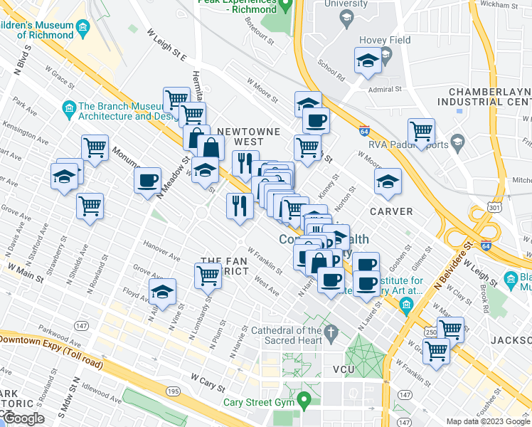 map of restaurants, bars, coffee shops, grocery stores, and more near 613 North Lombardy Street in Richmond