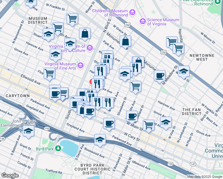 map of restaurants, bars, coffee shops, grocery stores, and more near 2418 Grove Avenue in Richmond