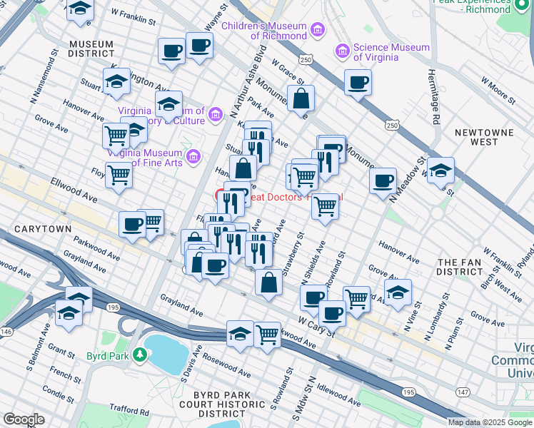 map of restaurants, bars, coffee shops, grocery stores, and more near 2418 Grove Avenue in Richmond