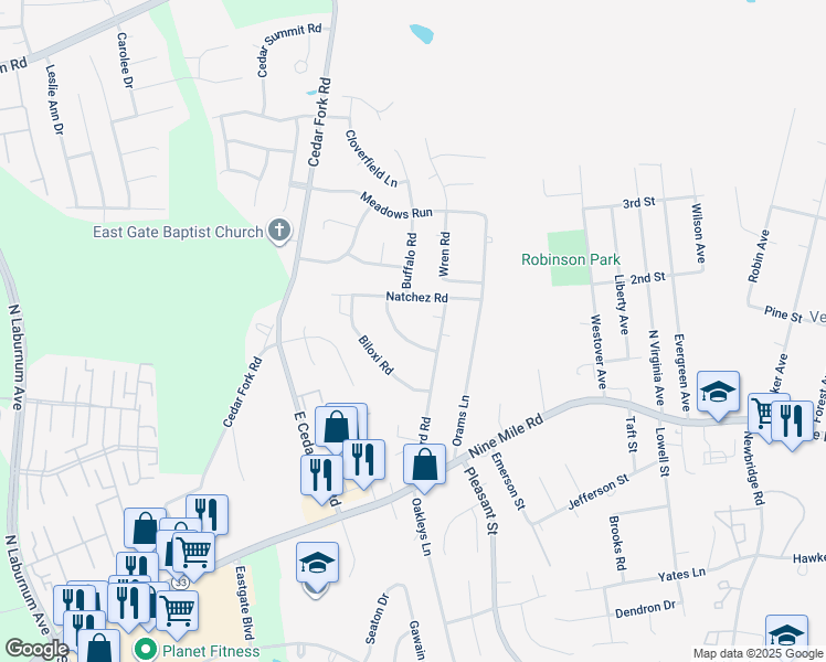 map of restaurants, bars, coffee shops, grocery stores, and more near 115 Shreveport Road in Richmond