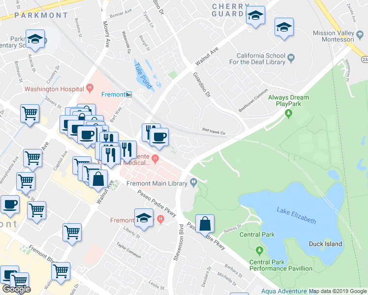 map of restaurants, bars, coffee shops, grocery stores, and more near 39470 Albany Common in Fremont
