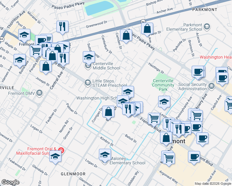 map of restaurants, bars, coffee shops, grocery stores, and more near 3870 Burton Common in Fremont