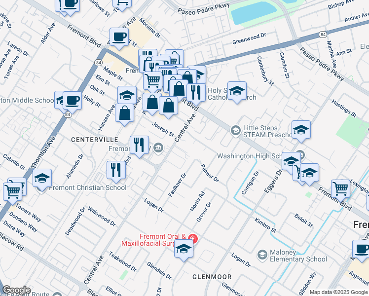 map of restaurants, bars, coffee shops, grocery stores, and more near 4222 Central Avenue in Fremont