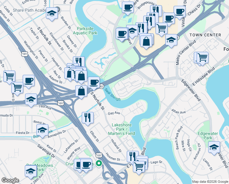 map of restaurants, bars, coffee shops, grocery stores, and more near 1402 Via Vista in San Mateo