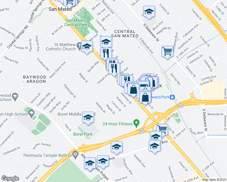 map of restaurants, bars, coffee shops, grocery stores, and more near 20 Barneson Avenue in San Mateo