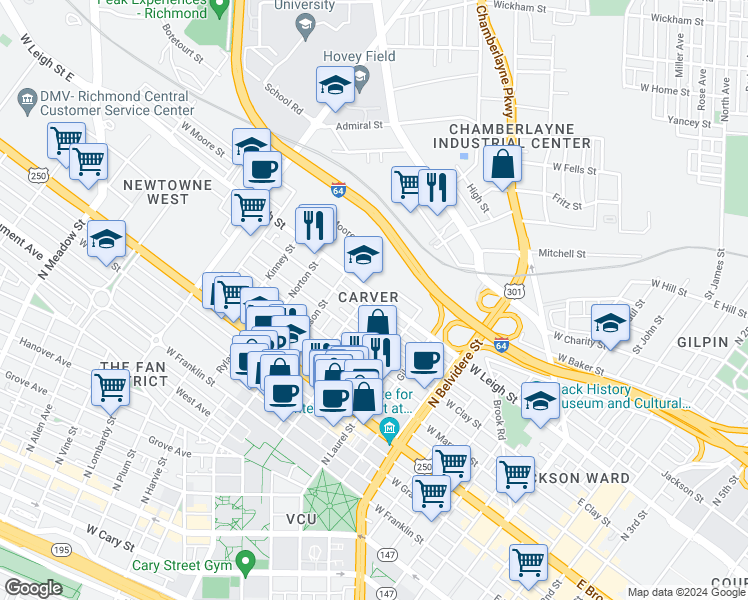 map of restaurants, bars, coffee shops, grocery stores, and more near in Richmond