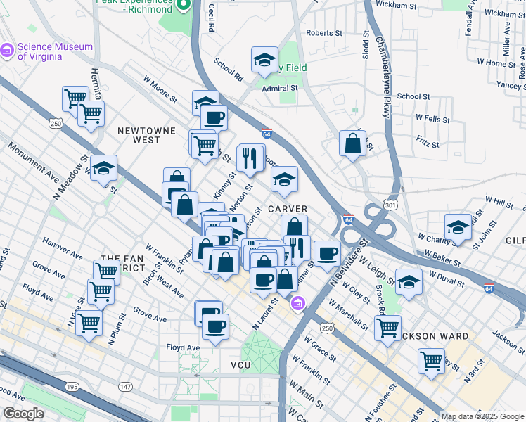 map of restaurants, bars, coffee shops, grocery stores, and more near 1110 Catherine Street in Richmond