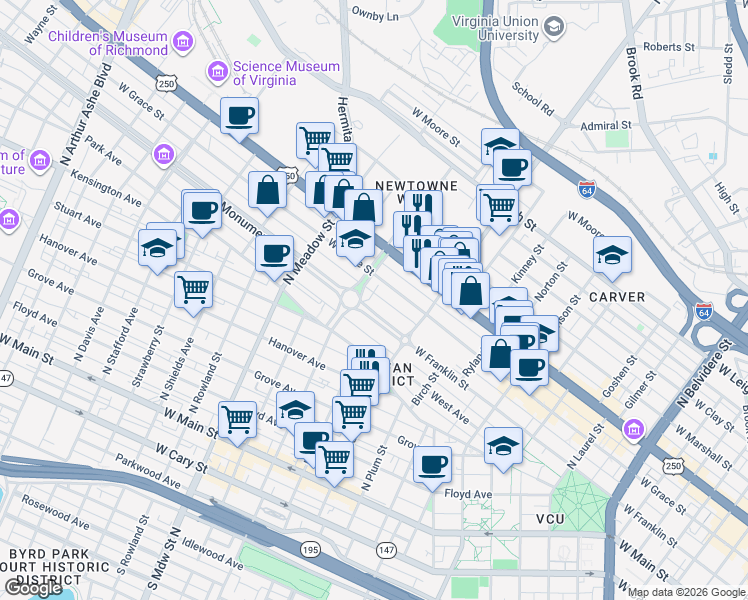 map of restaurants, bars, coffee shops, grocery stores, and more near 1641 West Grace Street in Richmond