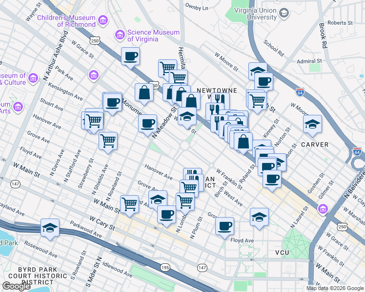 map of restaurants, bars, coffee shops, grocery stores, and more near in Richmond