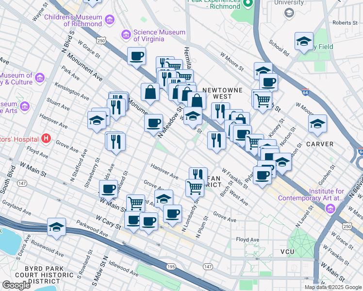 map of restaurants, bars, coffee shops, grocery stores, and more near 1817 Allemeadmonupark-d Alley in Richmond