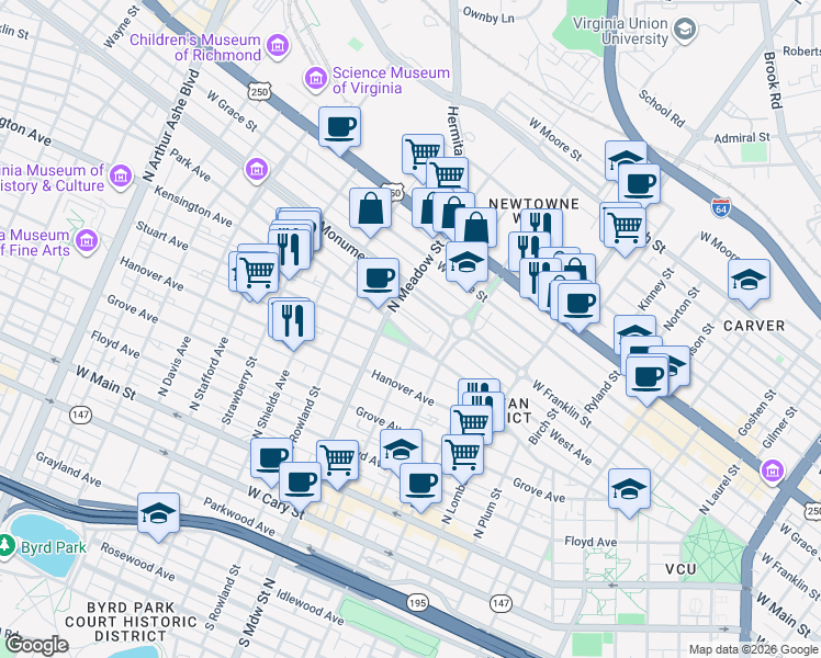 map of restaurants, bars, coffee shops, grocery stores, and more near 1817 Allemeadmonupark-d Alley in Richmond