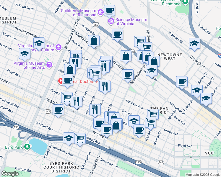 map of restaurants, bars, coffee shops, grocery stores, and more near 315 North Shields Avenue in Richmond