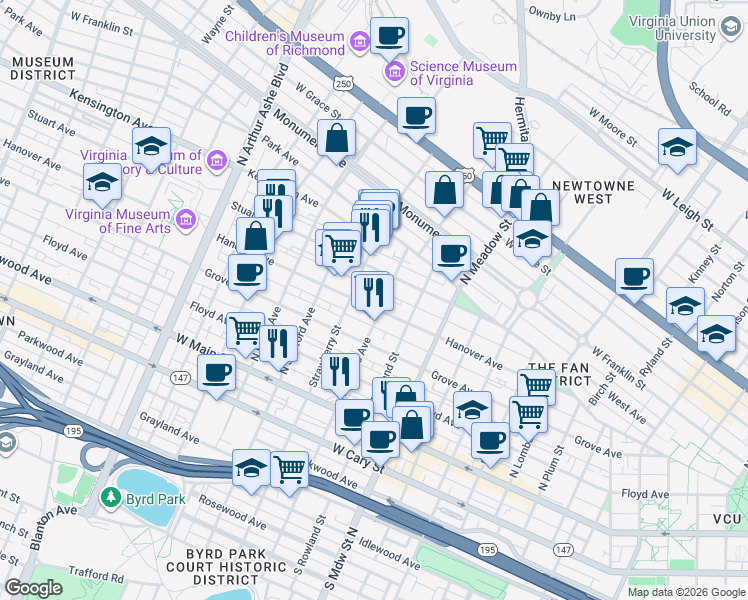 map of restaurants, bars, coffee shops, grocery stores, and more near 315 North Shields Avenue in Richmond