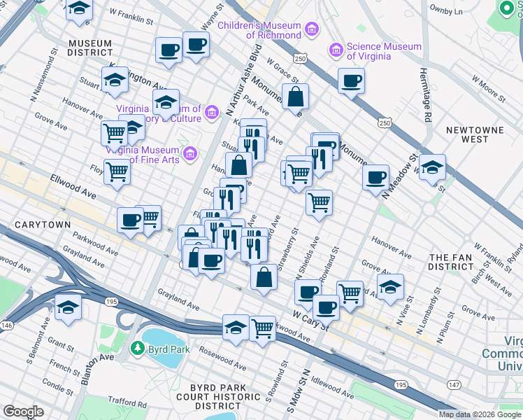 map of restaurants, bars, coffee shops, grocery stores, and more near 2422 Grove Avenue in Richmond