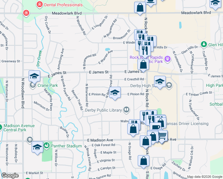 map of restaurants, bars, coffee shops, grocery stores, and more near 1000-1018 North Ridgecrest Road in Derby