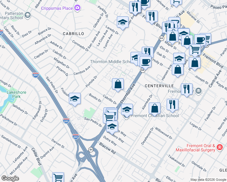 map of restaurants, bars, coffee shops, grocery stores, and more near 4646 Balboa Way in Fremont